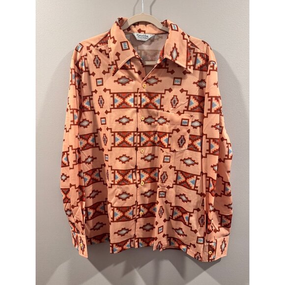 VTG 70s Disco Catalina Associates Aztec Print Button-Up Shirt L Peach Polyester - Picture 1 of 7